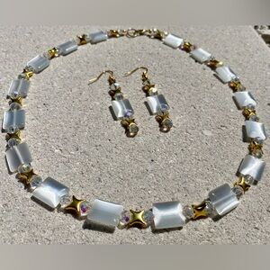 Handmade White Opalescent Bead Crystal Necklace & Earring Set Gold star Accents